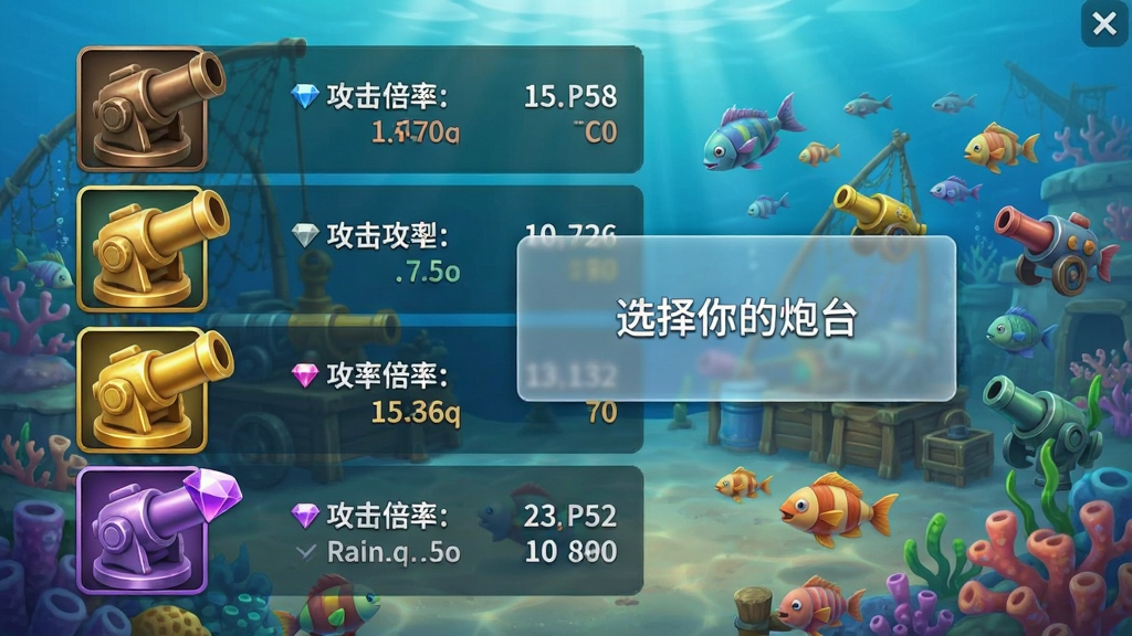 游戏内炮台选择界面,左侧竖排排列多款不同颜色的炮台,从青铜色到黄金色再到紫钻色,右侧显示当前炮台的倍率和攻击力数值,背景是热闹的海底渔场,鱼群游动,中央有一个半透明的弹窗提示