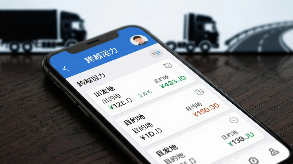 画面主体为一块智能手机屏幕特写,屏幕内清晰展示“跨越运力”APP的司机接单主界面,界面顶部显示“跨越运力”字样与司机头像,中央区域以卡片形式呈现附近货源列表,卡片上标注出发地、目的地与运费金额;手机斜放在深色木纹桌面上,背景虚化处理,可见货车剪影与公路元素,整体构图简洁明亮,风格写实且具有科技感,画质细腻清晰,干净无多余元素。