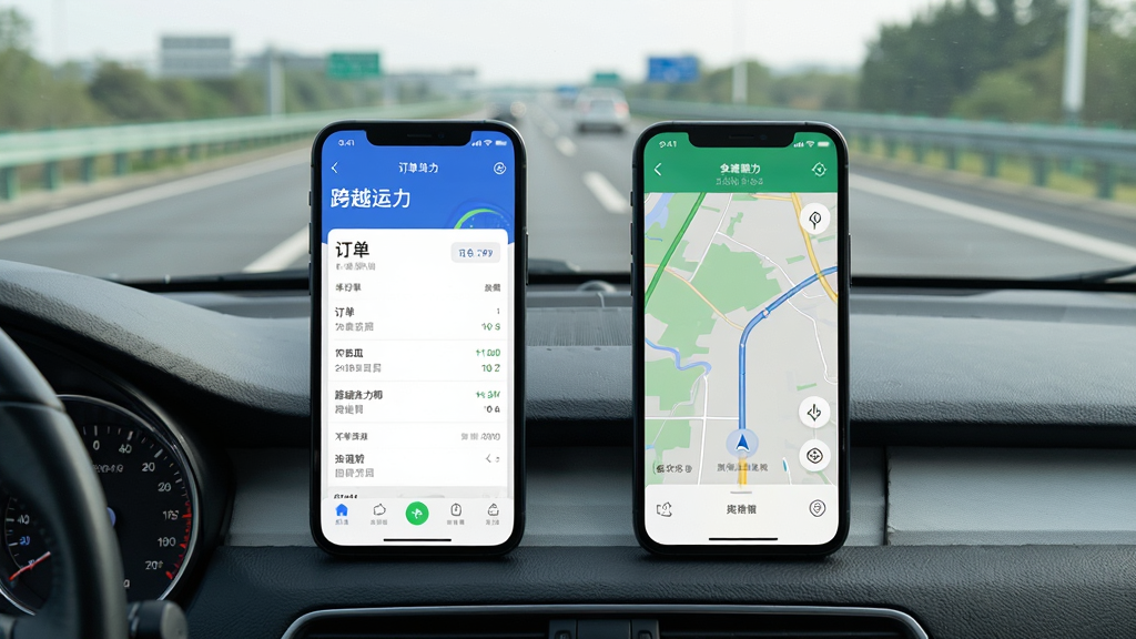 画面主体为两部智能手机并排放在驾驶室仪表台上,左侧手机显示“跨越运力”订单详情页面,右侧手机显示导航地图页面,两部手机均亮屏,背景为挡风玻璃外的高速公路场景;构图采用对称式布局,风格写实,光线自然,细节清晰,画质干净,无多余元素。