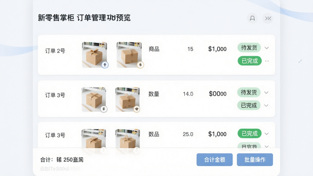 新零售掌柜订单管理功能预览图,画面展示订单列表,每笔订单显示订单编号、商品图片、数量、金额和状态标签(如待发货、已完成),界面采用卡片式布局,底部有合计金额和批量操作按钮,整体色调淡雅,数据清晰直观,体现高效处理订单的能力,画质干净,无多余元素
