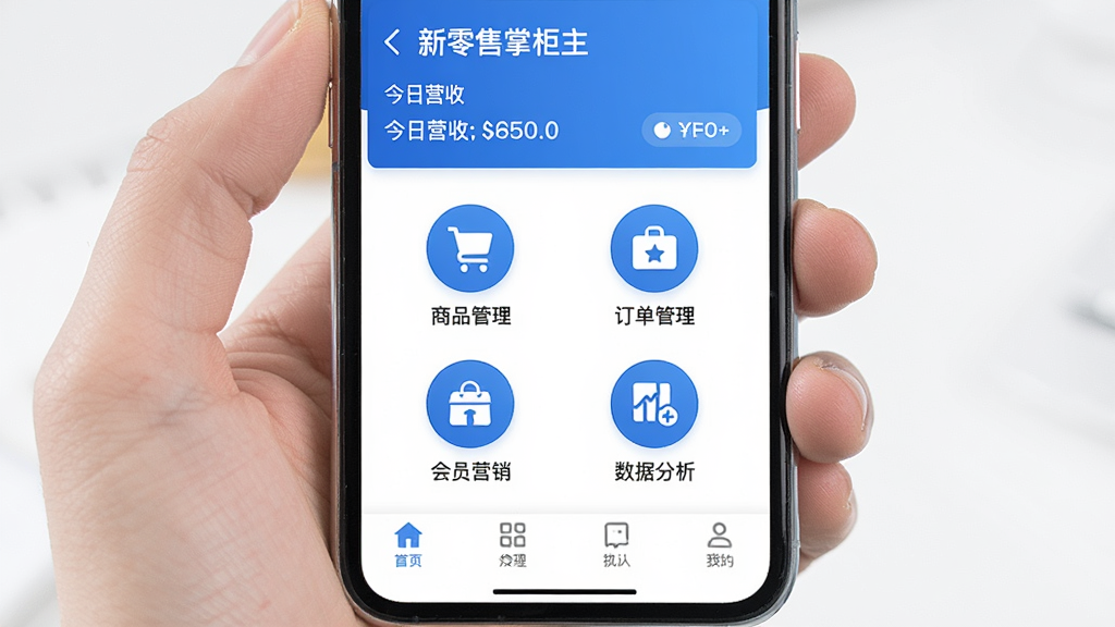 一张展示新零售掌柜主界面的高清手机截图,界面风格简洁商务,顶部显示店铺名称和今日营收数据,中部排列着商品管理、订单管理、会员营销、数据分析四个圆形功能图标,底部为导航栏,整体色调以蓝色和白色为主,画面干净明亮,突出移动端管理工具的便捷性,画质清晰,无多余元素