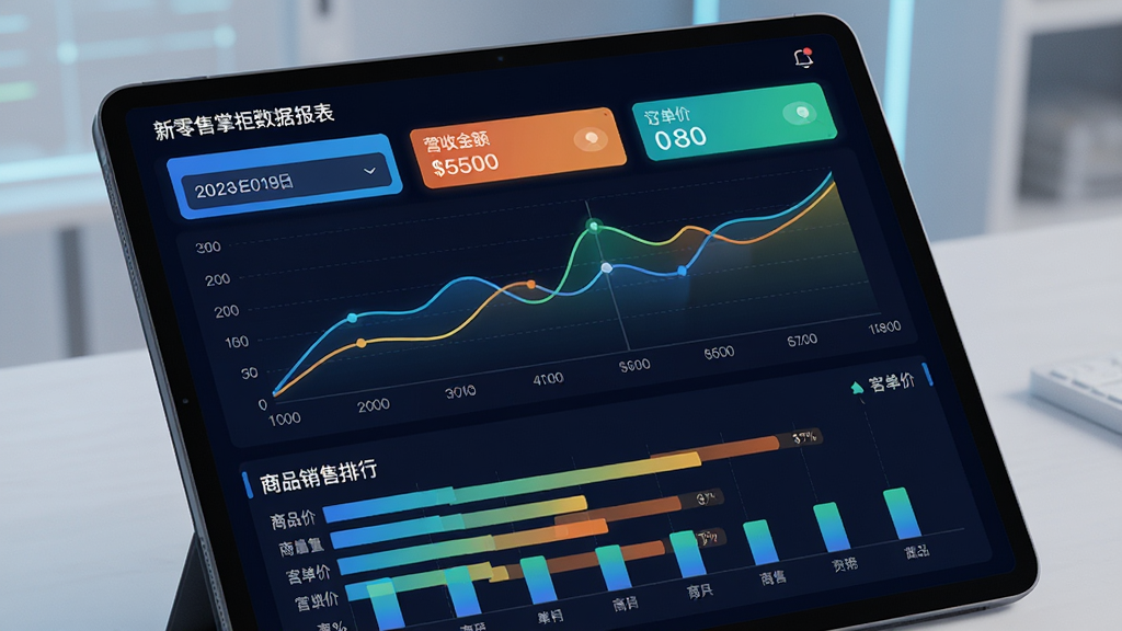 新零售掌柜数据报表功能预览图,画面展示平板电脑上的营业趋势折线图,界面包含日期选择器、营收金额、订单量、客单价三个核心指标卡片,下方是商品销售排行条形图,整体风格科技感十足,数据可视化效果突出,色彩鲜明但不过度花哨,画质干净,无多余元素