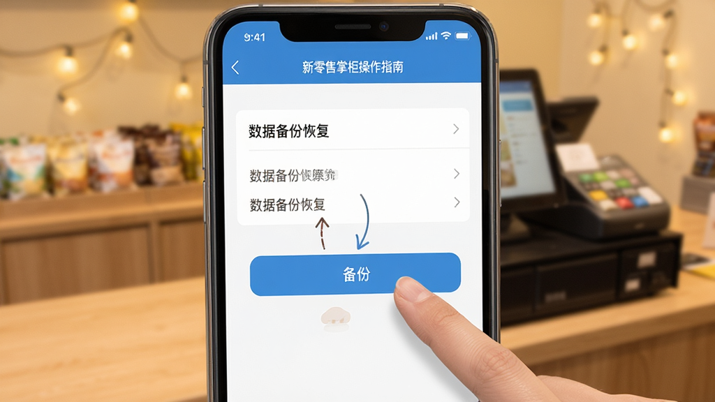 新零售掌柜操作指南界面预览图,画面展示手机屏幕上的设置页面,包含数据备份恢复选项,用户手指点击备份按钮,背景虚化店铺收银台,构图温馨实用,体现操作教学场景,画质清晰,无多余元素
