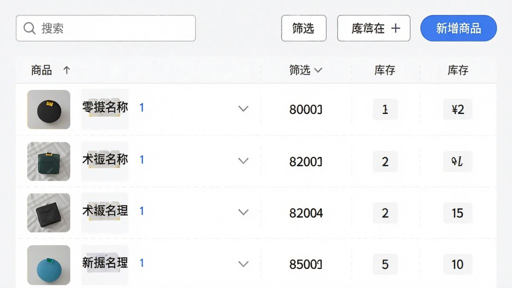 新零售掌柜商品管理界面预览图,画面展示商品列表页面,每一行商品包含缩略图、名称、价格、库存数字,顶部有搜索框和筛选按钮,右上角有“新增商品”蓝色按钮,界面布局清晰,数据排列整齐,整体风格清爽商务,突出后台管理的专业感,画质干净,无多余元素