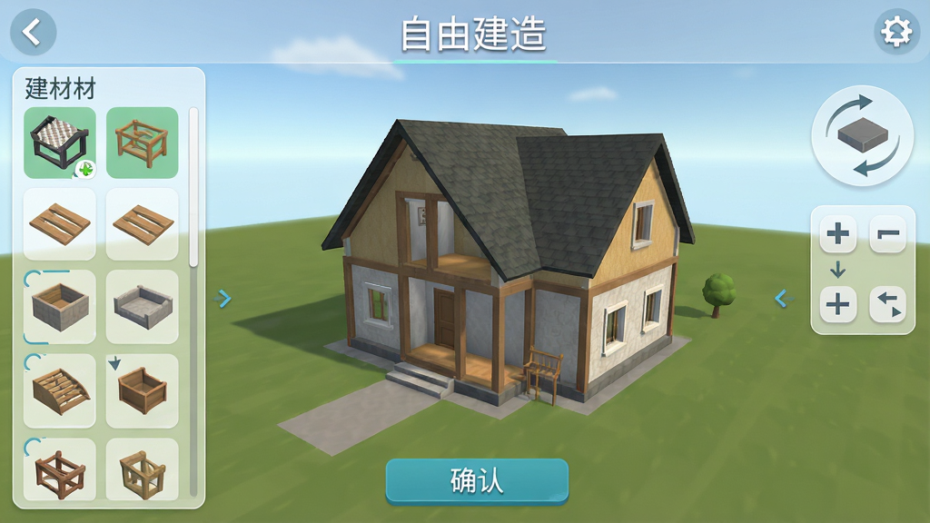 主体:盖房模拟器游戏界面,显示自由建造模式下的房屋结构编辑画面。布局:左侧为建材选择栏,中间是3D房屋模型,右侧是旋转/缩放工具。排版:界面顶部显示“自由建造”字样,底部有确认按钮。风格:简洁现代UI,半透明面板,色彩清新。画质:高分辨率渲染,纹理清晰,无多余元素。