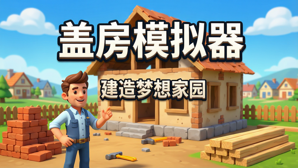 主体:盖房模拟器游戏场景,一位建筑师角色站在未完工的房屋前,周围有砖块、木材等建材。布局:前景是建筑师与建材,中景是半成品房屋,背景是蓝天白云与远处小镇。排版:画面中央突出游戏标题“盖房模拟器”与“建造梦想家园”字样。风格:明亮卡通渲染,色彩鲜艳,细节丰富。画质:高清画质,干净无多余元素。