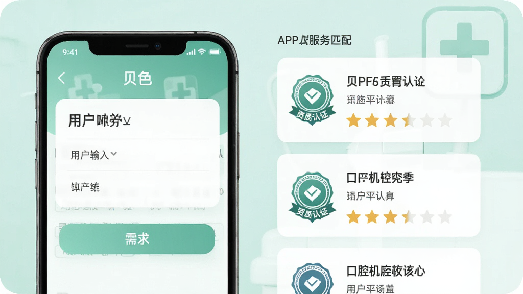 一张展示“贝色”APP口腔服务匹配功能的预览图,界面左侧是用户需求输入框,右侧以列表形式呈现匹配出的口腔机构卡片,卡片上包含资质认证标识与星级评分,背景为淡绿色医疗风格,排版信息层级分明,画质干净明亮。