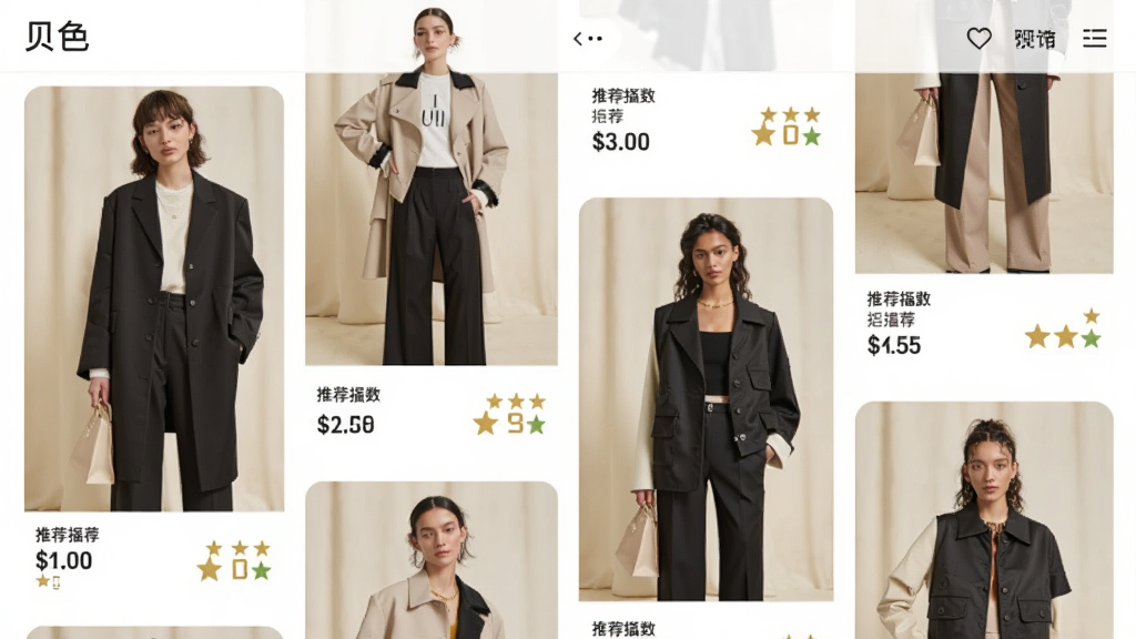 展示“贝色”软件服饰推荐功能的界面截图,屏幕上以瀑布流形式展示多套时尚穿搭,每件商品下方标注有价格与推荐指数,模特展示风格多样,背景为柔和的米白色调,图片排版错落有致,画质高清有质感。