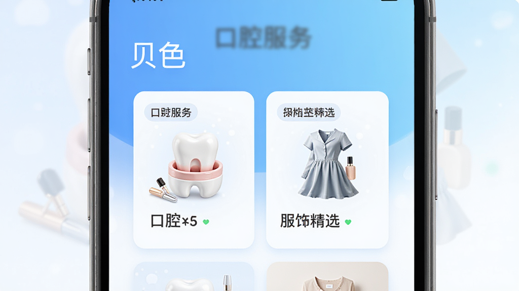 主视觉图中展示一款名为“贝色”的智能手机应用界面,手机屏幕中央以卡片式布局陈列口腔服务与服饰精选模块,背景采用清新的蓝白渐变色调,界面图标圆润细腻,整体风格现代简约,画质高清干净,无多余元素。