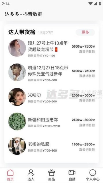达多多抖音数据分析app官方版功能界面截图