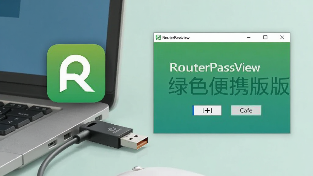 RouterPassView绿色便携版运行示意图,一个U盘插入电脑,旁边显示软件图标和运行窗口,背景简洁,色调清新,画质干净