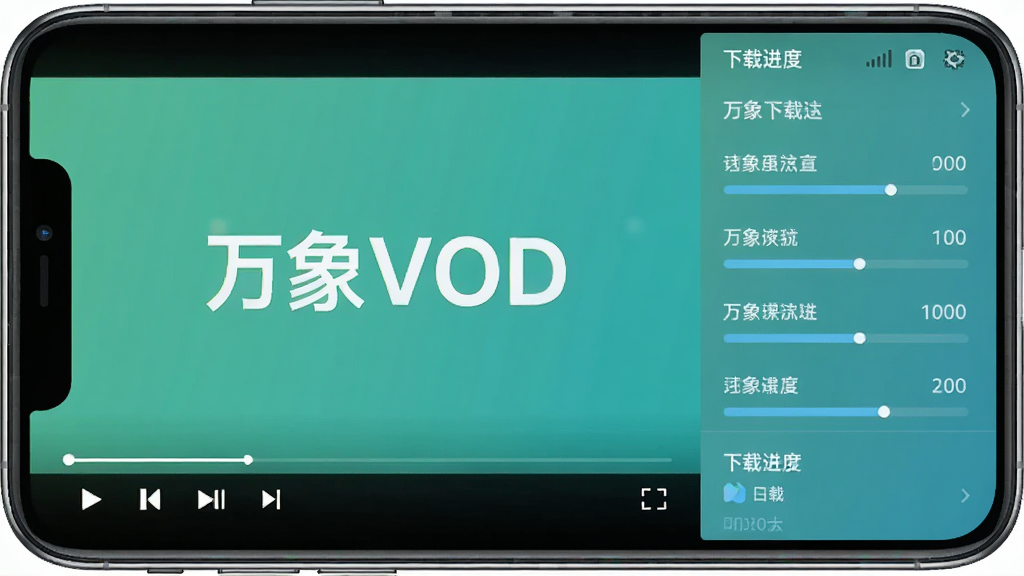 移动端手机播放视频画面,屏幕显示播放器控制条,旁边有下载进度列表,背景为纯色,构图清晰,文字标注“万象VOD”,界面简洁,风格清新,画质高清,无多余元素