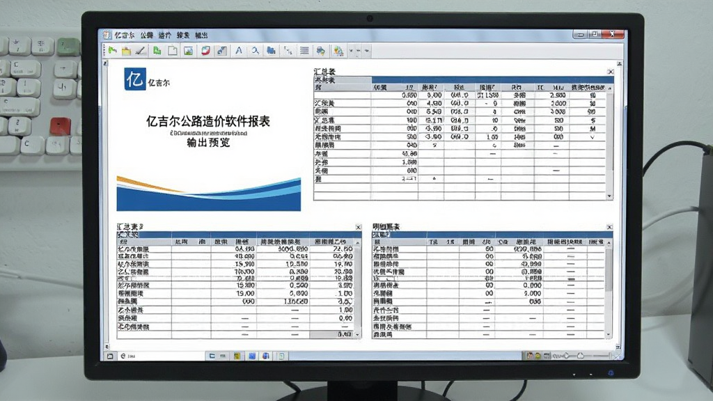 亿吉尔公路造价软件报表输出预览图,屏幕展示多张表格样式,包括封面、汇总表、明细表,表格线条清晰,数据排列整齐,背景为浅灰色工作台,整体风格专业整洁