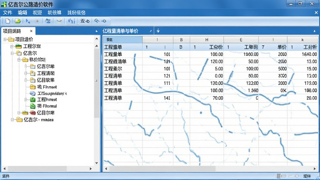 图片展示亿吉尔公路造价软件主界面,左侧项目树状结构,右侧表格展示工程量清单与单价分析,顶部菜单栏包含文件、编辑、视图等功能,整体采用蓝色系商务风格,界面布局清晰,画质干净,无多余元素