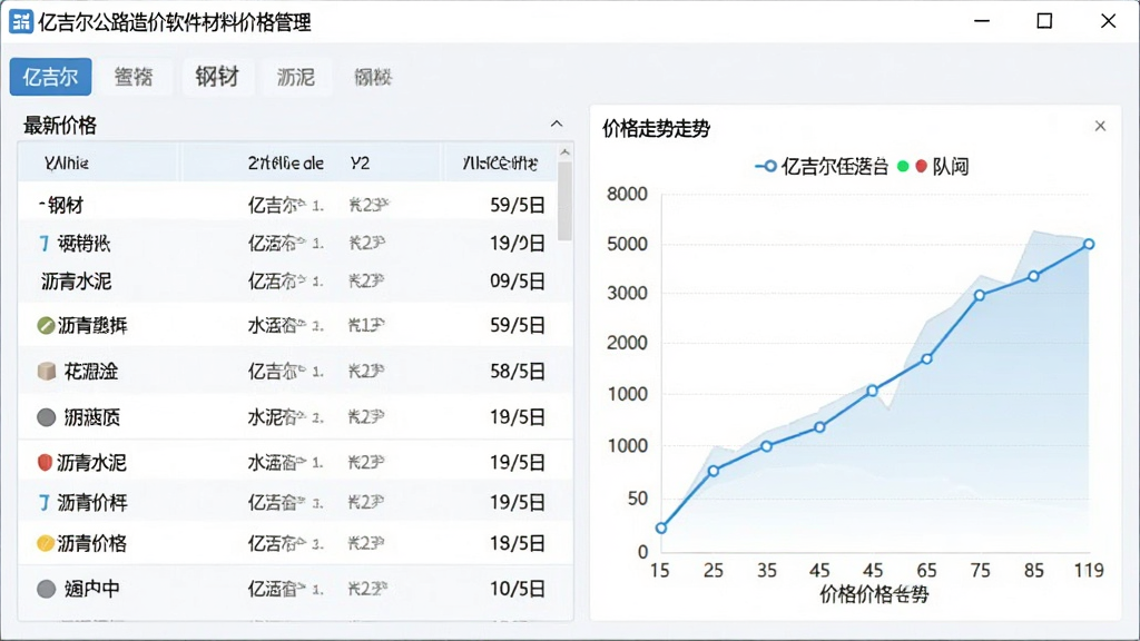 亿吉尔公路造价软件材料价格管理窗口,展示钢材、水泥、沥青等材料最新价格列表,右侧有价格走势曲线图,界面清爽,数据可视化,画质清晰