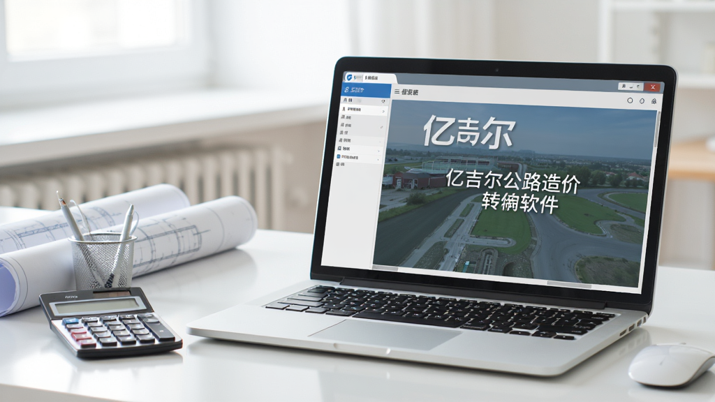 展示亿吉尔公路造价软件在笔记本电脑上运行,屏幕显示软件主界面,桌面整洁,旁边放有计算器和图纸,办公场景,光线明亮,画质清晰,无多余元素