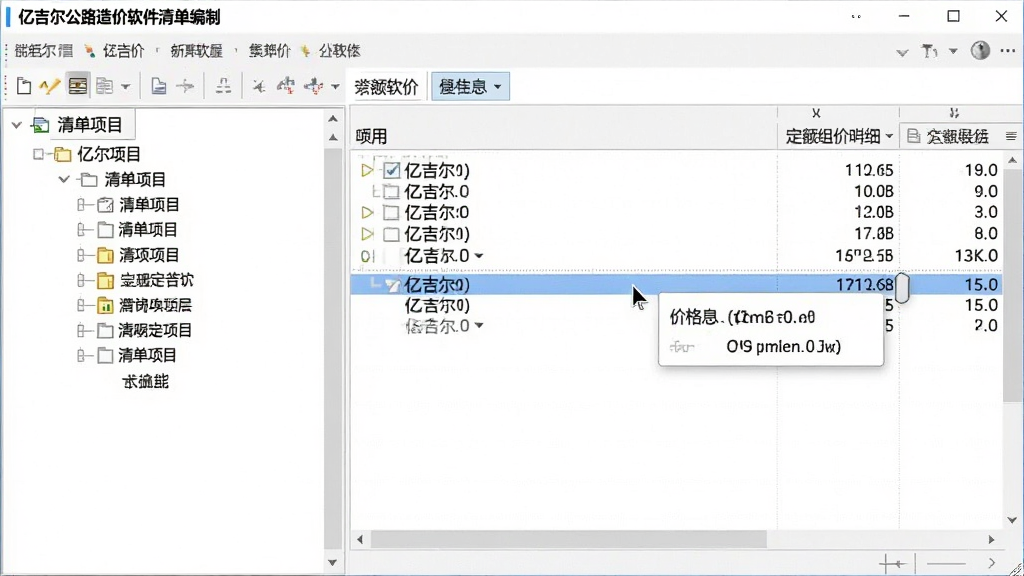 展示亿吉尔公路造价软件清单编制界面,左侧为清单项目层级,右侧为定额组价明细,光标停留在某条定额上,弹出价格信息提示,界面简洁专业,文字清晰,画质干净