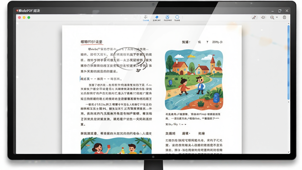 主体为嘟嘟PDF阅读器在高分屏上展示一份图文混排的PDF文档,文字放大后依然边缘平滑,图片色彩鲜艳。布局采用平视视角,屏幕居中,四周留白,屏幕内可见软件名称与工具栏图标。风格为写实屏幕展示与插画结合,细节包括屏幕玻璃反光、文档阴影,画质细腻干净,无多余元素