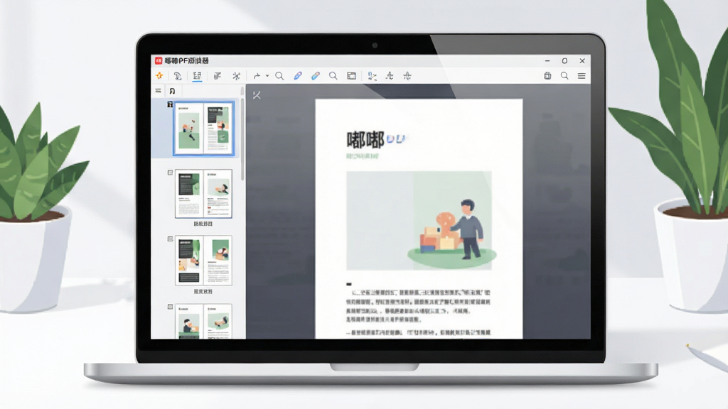 主体为嘟嘟PDF阅读器在笔记本电脑屏幕上显示多页PDF文档的界面特写,界面简洁明亮,左侧缩略图栏,右侧阅读区,背景是干净的书桌与绿植。布局采用中心构图,电脑屏幕占画面主体,屏幕内可见“嘟嘟PDF阅读器”软件名称与清爽工具栏。排版清晰,风格为现代扁平化数字插画,细节包括屏幕反光、柔和阴影,画质细腻干净,无多余元素