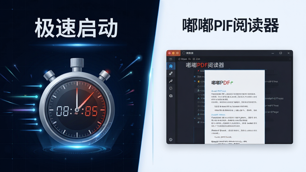 主体为嘟嘟PDF阅读器启动界面与文件打开速度对比图,左侧显示秒表计时,右侧是软件主界面。布局采用左右分割构图,左侧简洁文字“极速启动”,右侧显示“嘟嘟PDF阅读器”完整界面。风格为科技感信息图,细节包括速度线条、光效点缀,画质干净清晰,无多余元素