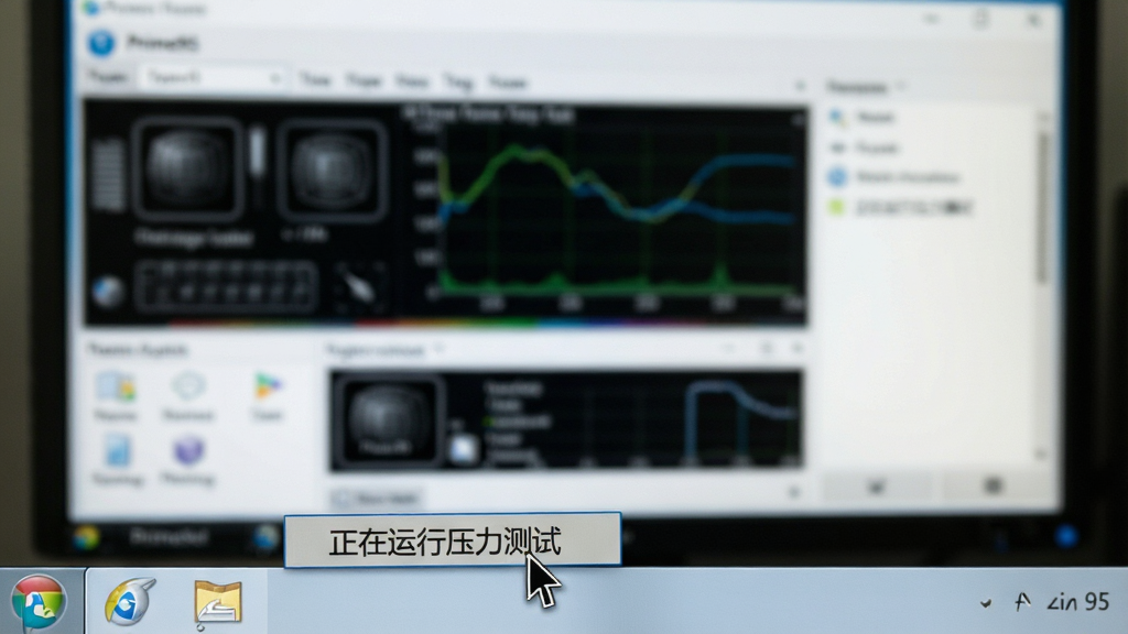 Prime95运行在Windows桌面任务栏的图标特写,鼠标指针悬停显示“正在运行压力测试”提示,背景为模糊的硬件监控软件界面,构图简洁,画质高清