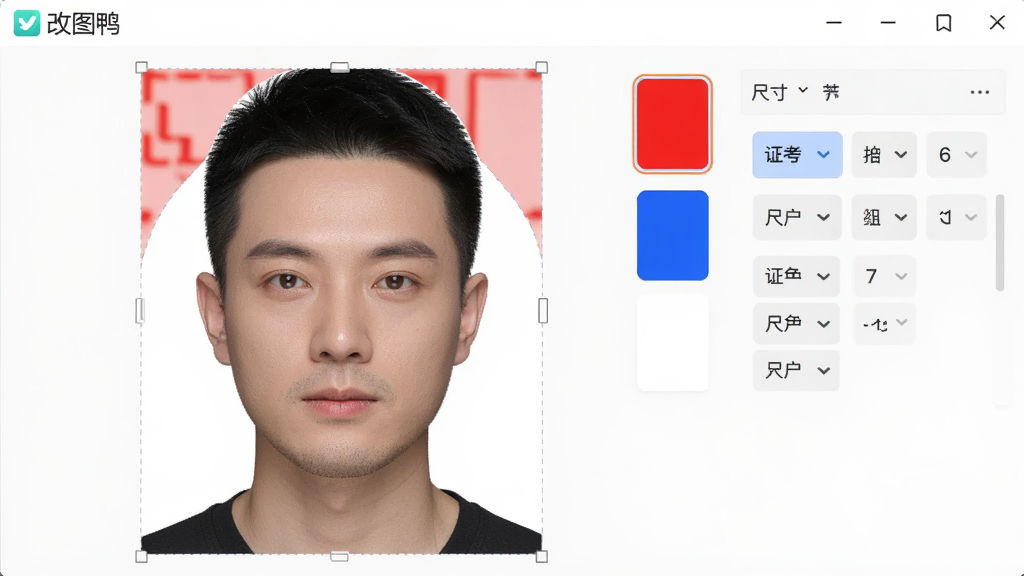 改图鸭软件“证件照”功能操作界面,显示一张人像照片正在被智能抠图,背景色可选红色、蓝色、白色,右侧为尺寸选择列表,界面简洁直观,软件名称“改图鸭”在左上角展示,人物细节丰富,画面干净,无多余元素