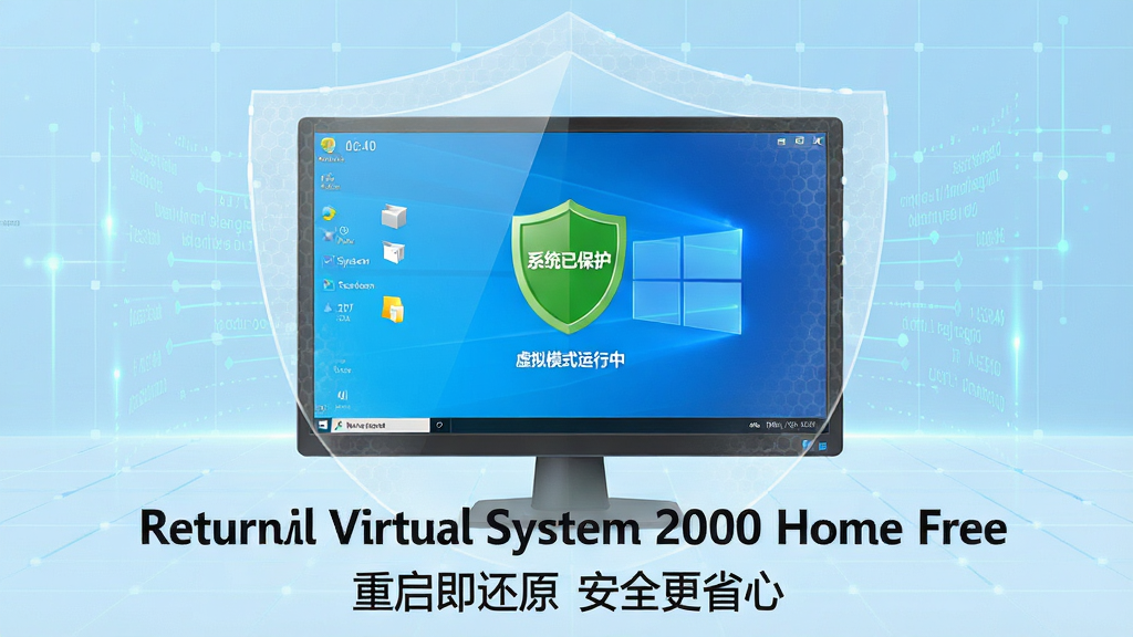 主体:一台运行中的Windows电脑屏幕前,显示Returnil Virtual System 2010 Home Free主界面的虚拟隔离层开启状态,界面有“系统已保护”绿色盾牌图标。布局:电脑屏幕居于画面中央,四周环绕透明防护罩与数据流线条,背景为干净的浅蓝色科技网格。排版:主标题“Returnil Virtual System 2010 Home Free”置于画面下方中央,副标题“重启即还原 安全更省心”置于主标题下方。风格:扁平化科技风格,色彩明亮,强调安全、虚拟与还原概念。细节:防护罩表面有细微的六边形纹理,屏幕中显示系统时间与“虚拟模式运行中”字样,画面干净无杂物。画质:8K超高清,光线均匀,无多余元素。