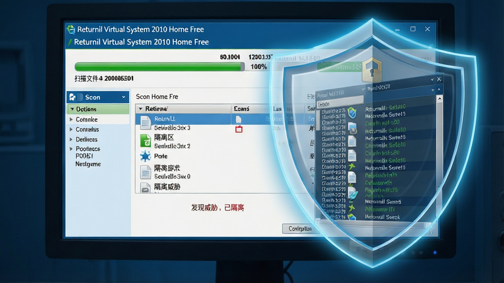 主体:电脑屏幕上显示Returnil Virtual System 2010 Home Free病毒扫描界面,进度条接近100%,下方显示“发现威胁,已隔离”提示。布局:界面居中,左侧为扫描选项,右侧为实时监控日志,背景有盾牌形状的防护罩。排版:界面顶部有软件名称“Returnil Virtual System 2010 Home Free”,进度条下方显示扫描文件数量。风格:简洁商务风格,蓝色与绿色为主色调。细节:隔离区文件列表清晰可见,防护罩带有发光边缘,画面干净无多余元素。画质:高分辨率,细节丰富。