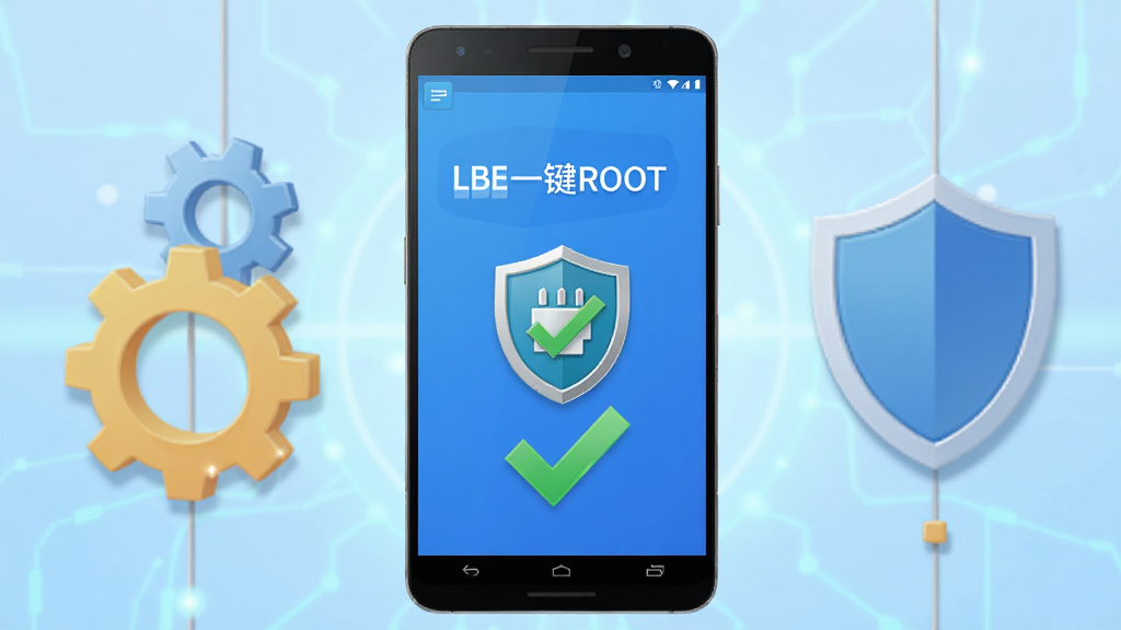 主视觉图,画面中央展示一部安卓智能手机,屏幕内显示“LBE一键ROOT”应用界面,带有明显的授权管理图标和绿色对勾,背景为浅蓝色科技感光效,左右分布齿轮与盾牌图形,布局简洁,排版大气,风格偏向现代扁平化与3D渲染结合,细节清晰,画质干净无多余元素