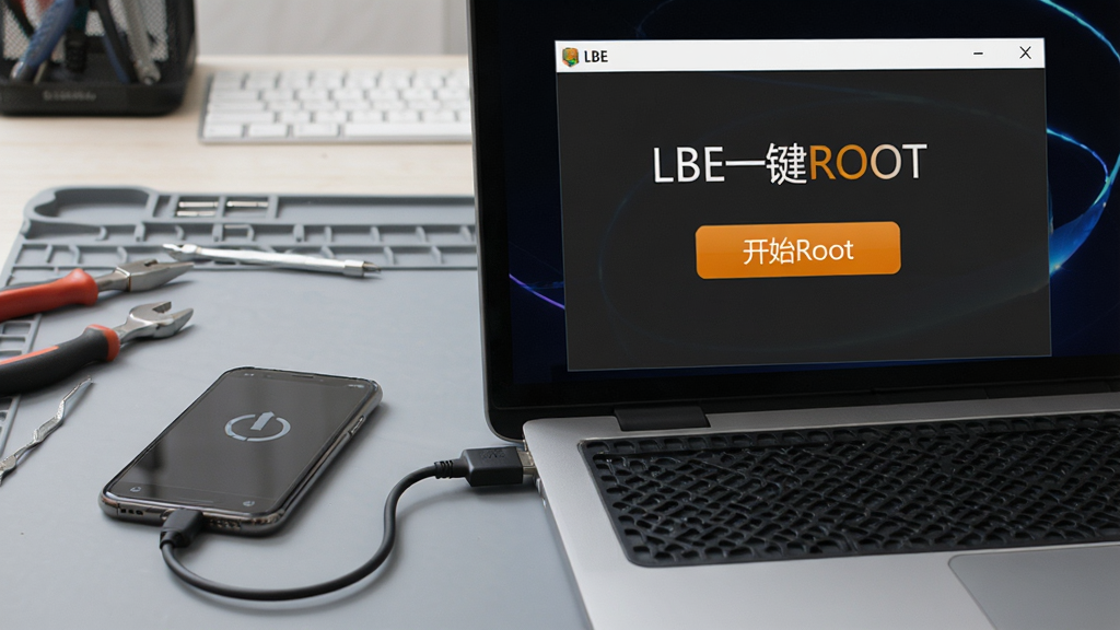 操作教程配图,展示一部手机连接电脑的USB线,电脑屏幕显示“LBE一键ROOT”软件界面,界面中有一个醒目按钮“开始Root”,背景为浅灰色工作台,桌面上散布一些工具,整体风格写实且干净,布局有层次,细节清晰,画质细腻无多余元素