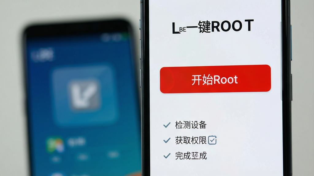 功能展示图,前景为一部手机屏幕显示“LBE一键ROOT”主界面,中央有一个醒目的“开始Root”红色按钮,背景模糊处理,突出按钮,界面下方列出“检测设备”“获取权限”“完成”三个步骤,整体布局清晰,排版规整,风格写实且干净,细节表现丰富,画质高清,无多余元素
