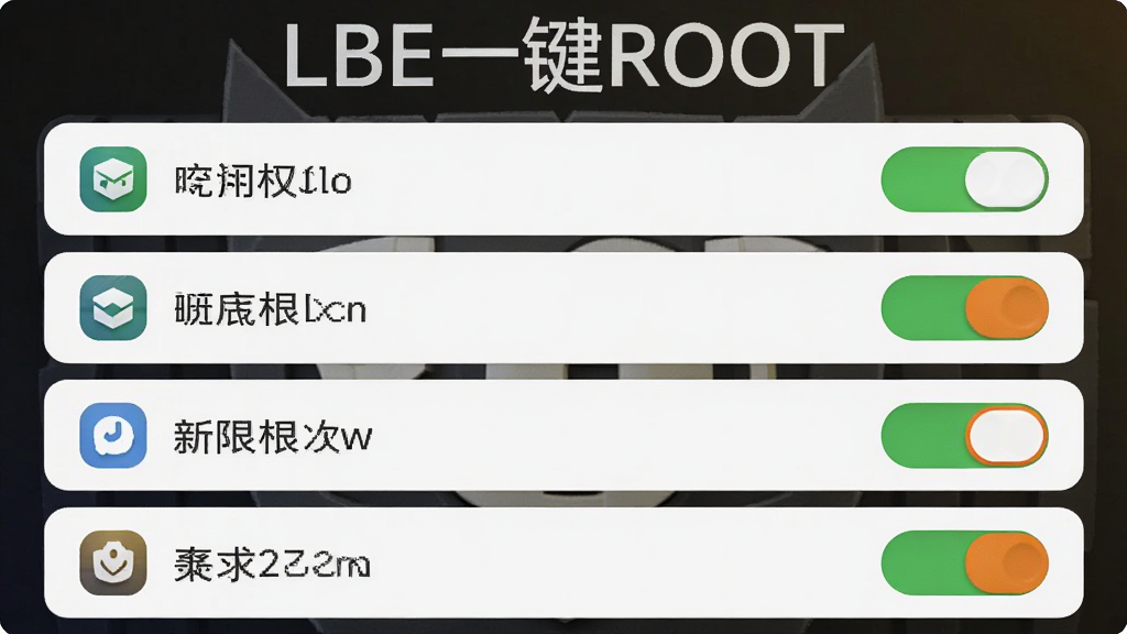 权限管理界面示意图,以“LBE一键ROOT”为标题背景,屏幕中展示应用权限列表,每一项右侧带有可滑动开关,开关颜色为绿色与橙色,界面采用卡片式设计,圆角边框,整体风格清爽简洁,细节呈现真实感,画质干净无多余元素