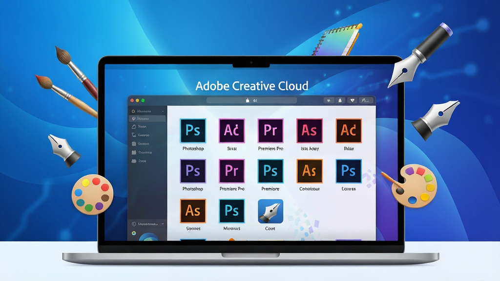 主体:一台打开的笔记本电脑屏幕显示Adobe Creative Cloud主界面,界面中整齐排列着Photoshop、Premiere Pro等软件图标,背景有抽象的蓝色渐变光效和飘浮的创意工具元素如画笔、钢笔工具、调色盘,布局:居中构图,界面清晰展示,排版:图标网格排列,上方有