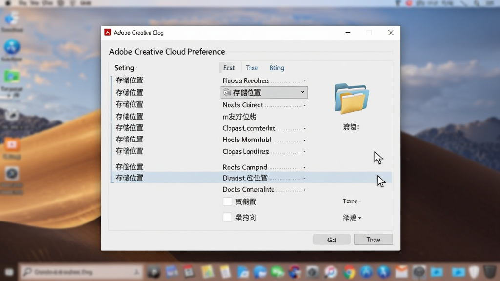 主体:电脑桌面显示Adobe Creative Cloud偏好设置窗口,鼠标指针指向“存储位置”选项,旁边有文件夹图标,背景为模糊的桌面壁纸,布局:窗口居中,排版:设置选项垂直排列,风格:真实截图风格,画质清晰,细节:设置选项文字可读,干净无多余元素。