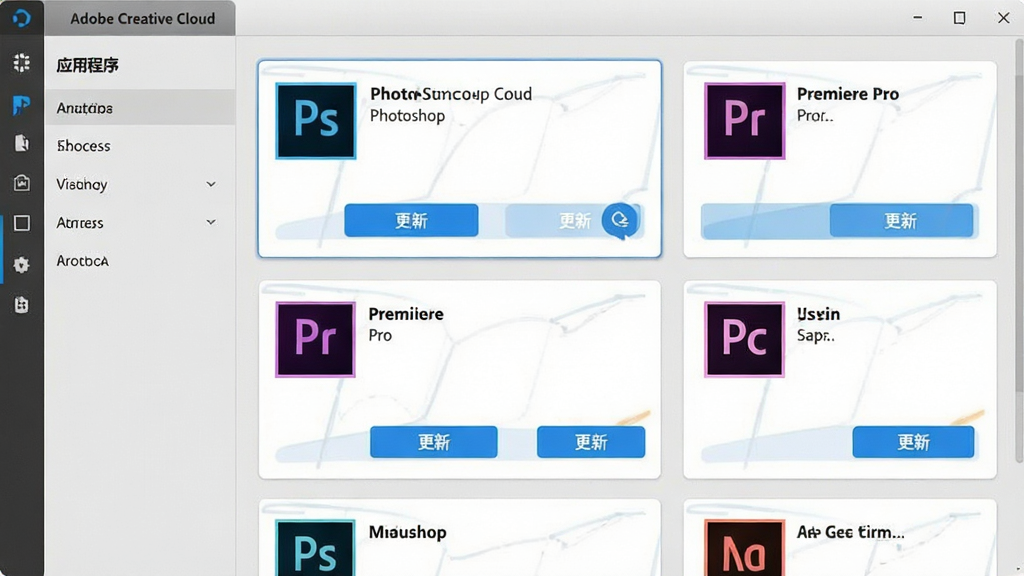 主体:Adobe Creative Cloud管理界面截图,左侧边栏显示“应用程序”分类,右侧展示Photoshop、Premiere Pro等软件卡片,每个卡片带有“更新”按钮,整体界面为浅灰色背景搭配蓝色主题色,布局:左侧导航栏,右侧卡片网格,排版:规整清晰,风格:简洁现代,画面文字可读,细节:按钮上有