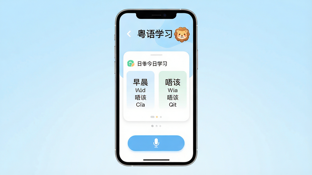 画面主体为一部智能手机竖屏悬浮在浅蓝色渐变背景中央,屏幕内显示粤语学习软件主界面,界面顶部有“粤语学习”字样和一只可爱的卡通狮子图标,中部为今日学习卡片,卡片上有“早晨”“唔该”等粤语词语及粤拼标注,底部有麦克风跟读按钮。布局采用居中对称排版,风格清新明快,细节圆润,画质高清干净,无多余元素。