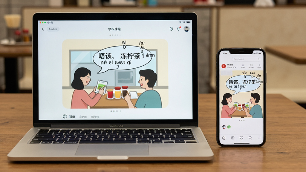 图片主体为笔记本电脑与手机并排放在木质桌面上,屏幕均显示粤语学习软件的情景课程界面,画面中有两个人正在茶餐厅点餐的插画对话气泡,气泡内写有“唔该,冻柠茶”等粤语文字,旁边配有粤拼注释。布局为平视视角,风格写实生活化,细节丰富,画质清晰干净,无多余元素。