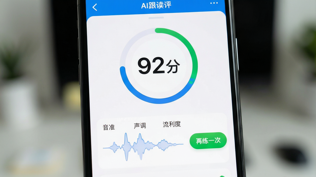 画面主体为手机屏幕特写,显示粤语学习软件的AI跟读评测结果界面,界面中央有一个大大的“92分”圆形分数环,下方波形图上标注“音准”“声调”“流利度”三个指标,右侧有“再练一次”绿色按钮,整体UI风格现代简洁。布局以屏幕为中心,背景虚化,画质高清,无多余元素。