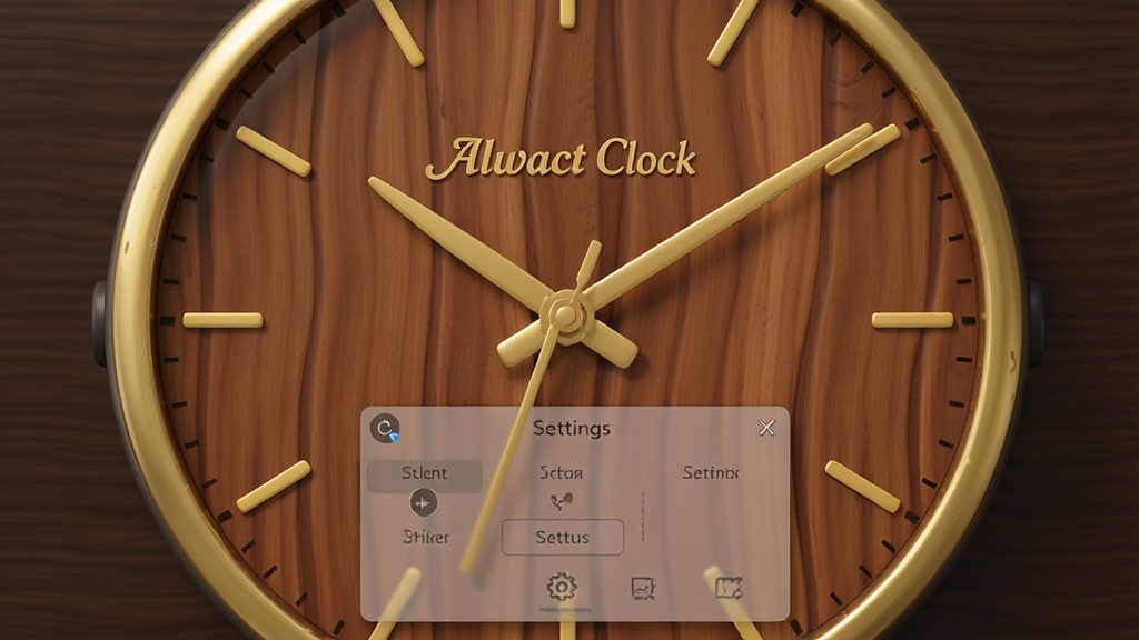 一张Alwact Clock软件的模拟表盘界面特写,木质纹理表盘配上金色指针,表盘中央印有