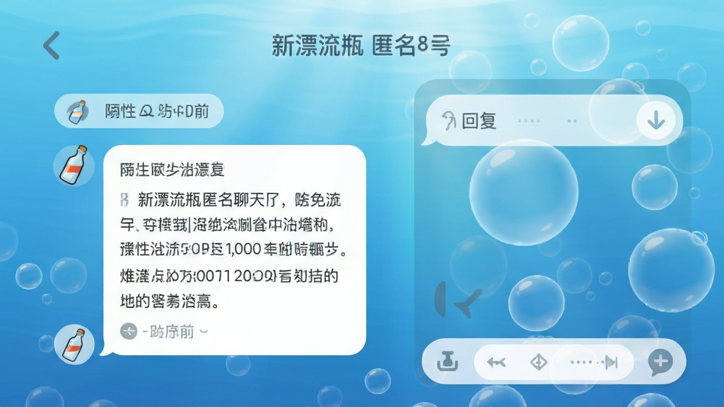 新漂流瓶匿名聊天界面截图示意,主体为手机聊天页面,左边是来自陌生人的瓶中信,右边是回复框,背景为渐变淡蓝色海洋气泡,布局清晰,采用简洁社交软件风格,字体圆润可读,细节之处展示漂流瓶图标与时间戳,画质干净无多余元素,图片中不出现真实头像