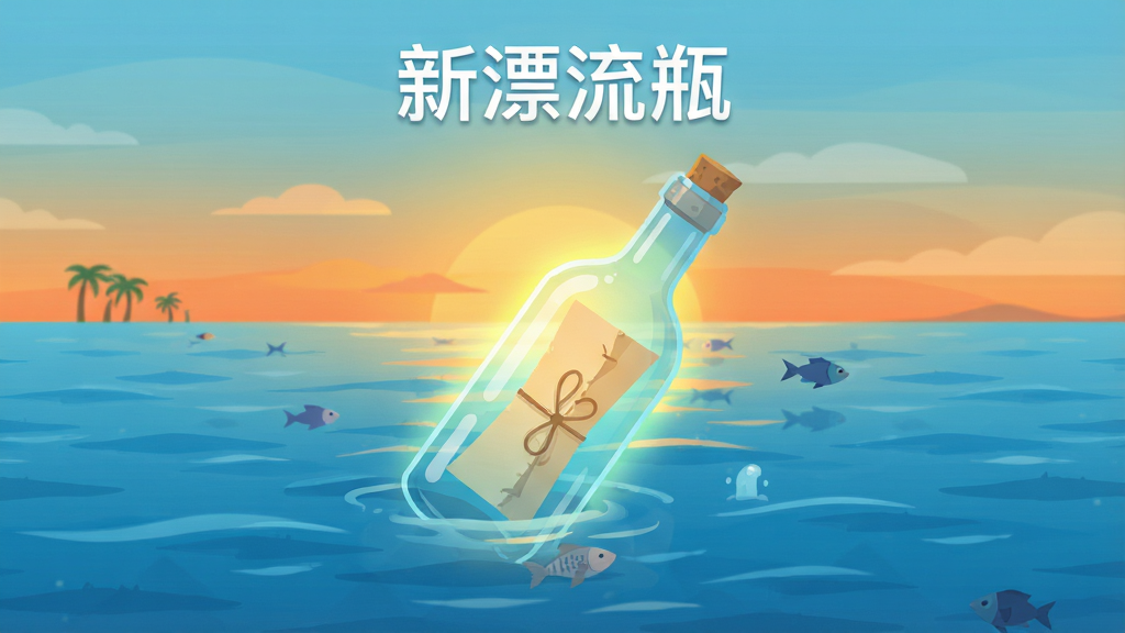 新漂流瓶应用主界面预览图,主体为海洋漂流瓶主题,画面中央一个发光的玻璃瓶漂浮在蓝色海面上,瓶内装有信纸,背景是夕阳下的海平面,整体布局居中,采用扁平化设计风格,色彩清新明亮,细节丰富,画质高清,干净无多余元素,图片中显示文字“新漂流瓶”