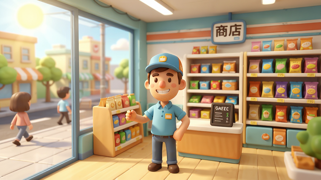 3D卡通渲染风格的《商店模拟器》游戏封面预览图,画面中央是游戏主角站在自己装修精美的便利店内,货架上摆满了琳琅满目的商品,玻璃窗外阳光明媚,街道上行人来往,整体氛围温馨明亮,画质清晰干净,无多余元素。
