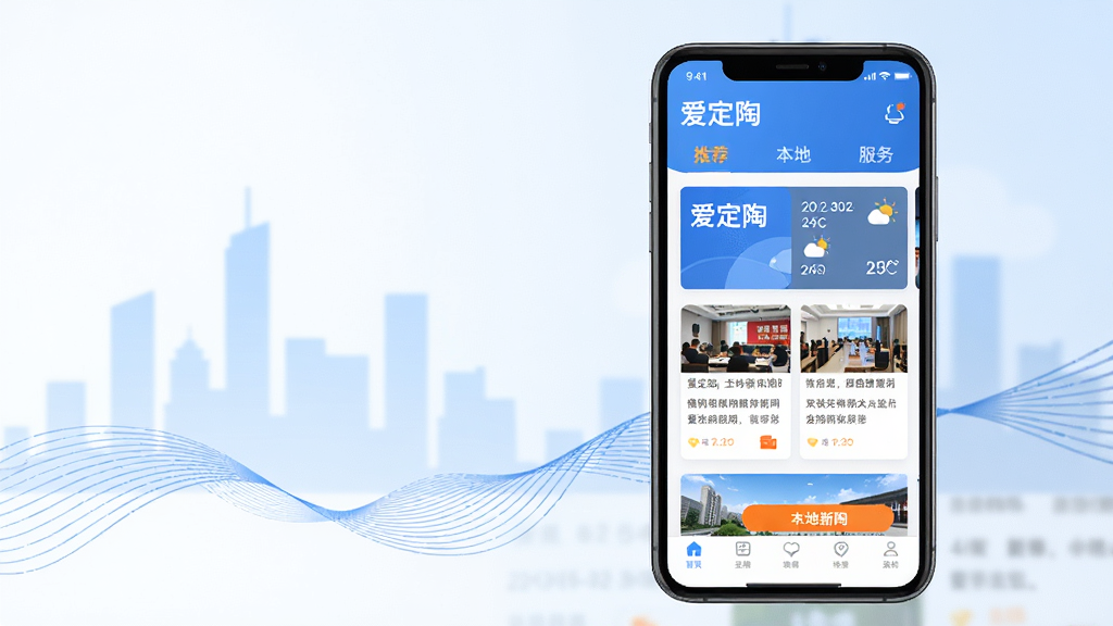 主体:一部亮着屏幕的智能手机,屏幕上清晰显示“爱定陶”APP的主界面,界面顶部有“推荐”“本地”“服务”等标签栏,中部展示图文并茂的本地新闻卡片,底部有导航按钮。布局:手机位于画面中央偏右,左侧留白并配有淡蓝色抽象城市剪影与流动线条装饰。排版:采用扁平化UI设计示意图风格,界面元素排列整齐,信息层级分明。风格:现代简约,清新自然,色彩以蓝白为主,辅以橙色高亮按钮。细节:屏幕内容可辨识出“爱定陶”字样及日期天气小部件,背景虚化处理突出主体。画质:4K超清,干净无多余元素。