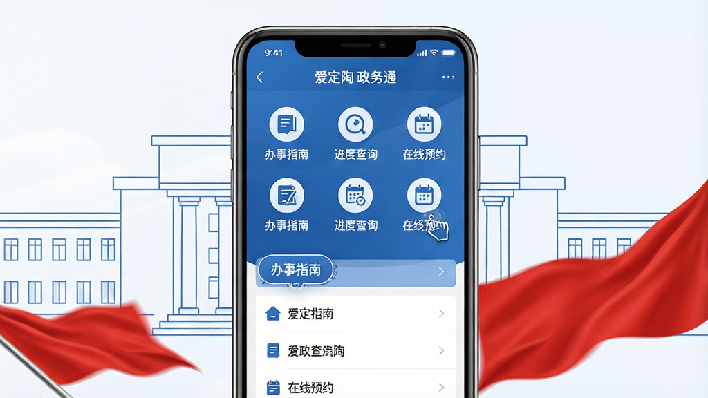 主体:智能手机展示“爱定陶”政务办事板块,界面含“办事指南”“进度查询”“在线预约”等图标按钮。布局:手机直立居中,背景配以简洁的政府大楼线稿图标与飘动的红旗元素。排版:功能图标以网格状排列,每个图标下方有文字标签。风格:正式稳重,蓝白配色,图标线条清晰。细节:屏幕中央有“爱定陶 政务通”字样,模拟点击“办事指南”后的二级页面列表。画质:高分辨率,界面干净整洁。