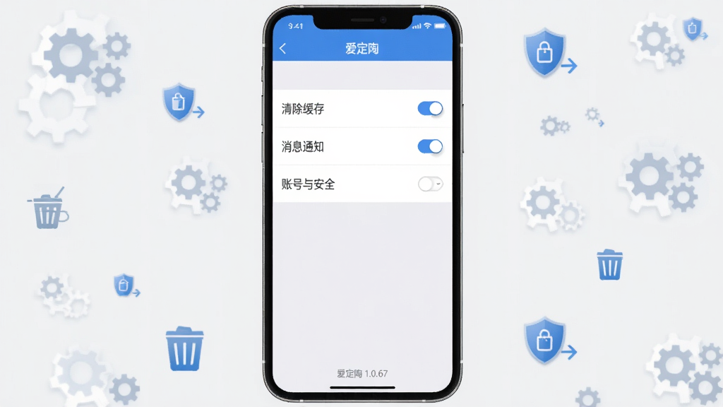 主体:一部手机展示爱定陶的“设置”界面,上面有“清除缓存”“消息通知”“账号与安全”等选项。布局:手机居中,背景为浅灰色并散落着齿轮、盾牌、垃圾清理等小图标。排版:设置列表清晰,每行右侧有开关或箭头。风格:简洁商务风,蓝白配色。细节:屏幕下方有“爱定陶 1.0.67”版本号字样。画质:干净清晰,无多余元素。
