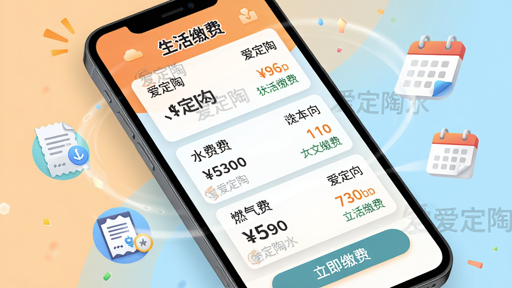 主体:手机屏幕展示“爱定陶”生活缴费界面,显示电费、水费、燃气费账单卡片及缴费按钮。布局:手机斜放,周围环绕着缴费成功、发票、日历等小图标。排版:账单卡片竖向排列,金额与状态清晰可见。风格:活泼明快,色彩丰富,背景采用浅橙色与淡蓝色拼接。细节:卡片上有“爱定陶”水印,顶部有“生活缴费”标题,底部按钮为“立即缴费”。画质:超清,色彩饱和,无多余元素。
