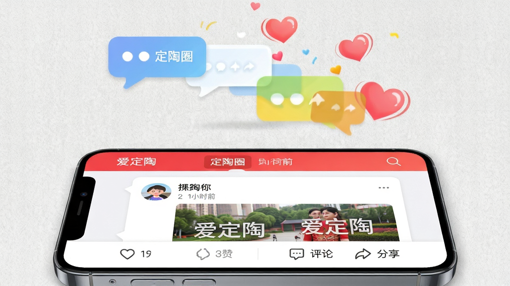 主体:手机屏幕展示“爱定陶”社区互动页面,有用户发布的图文帖子,包含点赞、评论、分享按钮。布局:手机横屏放置于画面下方,上方漂浮着对话气泡和爱心图标。排版:信息流式列表,帖子内容包含头像、昵称、时间。风格:轻松活泼,色彩明快,背景为带纹理的浅灰色。细节:帖子图片上带有“爱定陶”隐形水印,顶部有“定陶圈”话题标签。画质:细腻,自然,无多余元素。