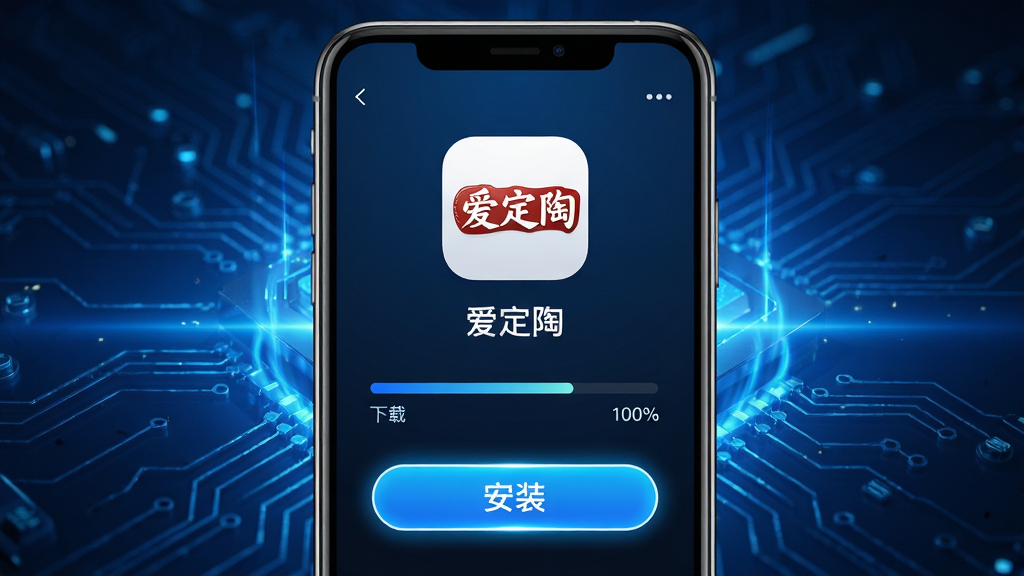 主体:手机屏幕展示“爱定陶”的下载安装界面,显示下载进度条和“安装”按钮。布局:手机居中,背景为蓝色科技感光效。排版:界面简洁,仅有APP图标、名称和安装按钮。风格:写实风格,高光渲染。细节:下载进度为100%,按钮高亮显示。画质:超清,无多余元素。