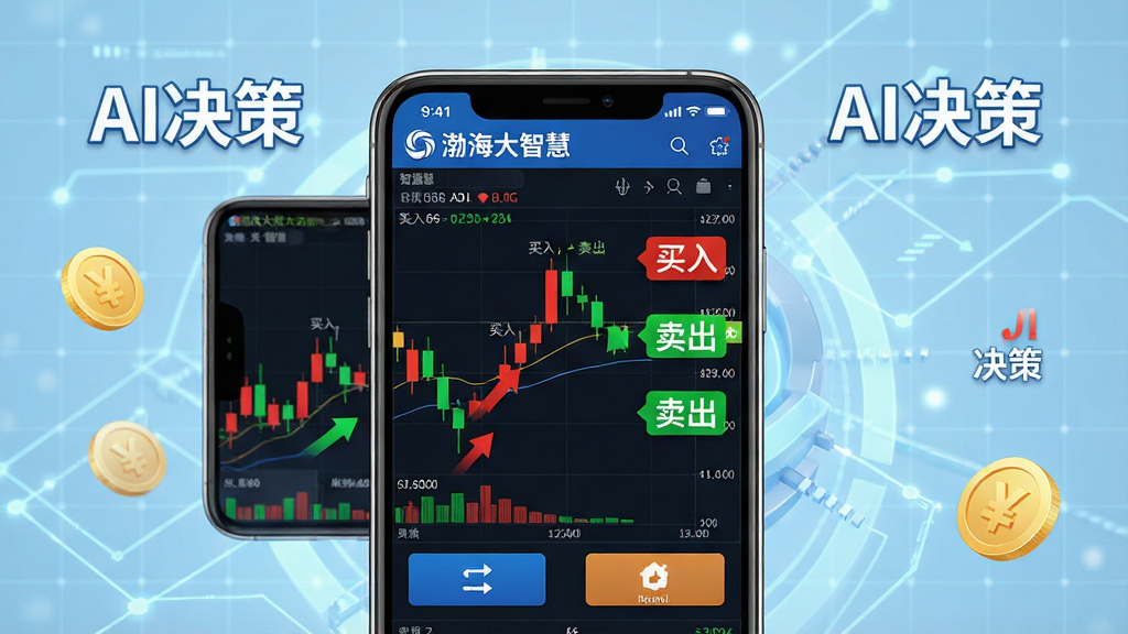 主体:智能手机横屏展示渤海大智慧软件K线图界面,图上标有红绿箭头和“买入”“卖出”信号标签。布局:手机居中,背景为浅蓝色科技网格,周围悬浮着“AI决策”字样和金币图标。排版:信号标签醒目,红绿对比鲜明,功能按钮清晰。风格:专业证券软件风格,界面简洁明亮。细节:屏幕内需显示“渤海大智慧”品牌标识和具体股票代码。画质:高清渲染,细节丰富,干净,无多余元素。