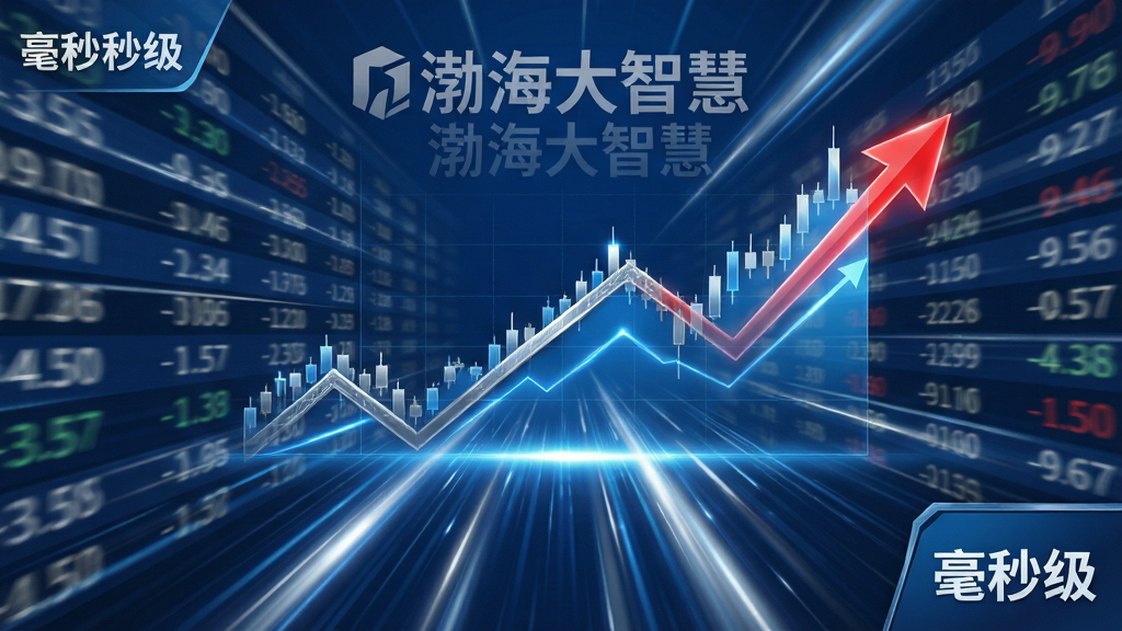 主体:高速流动的数据光线汇聚成股市走势图,背景有“渤海大智慧”品牌水印。布局:走势图贯穿画面中央,两侧有模糊的行情报价数字快速刷新。排版:速度线以走势图为中心向外辐射,突出“极速”概念。风格:科技感十足,蓝色与银色为主,光效强烈。细节:走势图末端有红色箭头向上突破,屏幕角落显示“毫秒级”字样。画质:超高清,无颗粒感,干净,无多余元素。